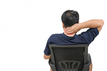 Man suffering from nack pain isolated on white background,