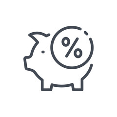 Piggy bank with percentage coin line icon. Savings, Investments and Profit vector outline sign.