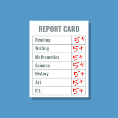 school report card with 5 plus grades, flat design vector illustration