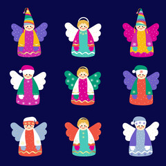 Cute cartoon angels. Set of bright colorful vector funny icons for design and decoration. Hand drawing.