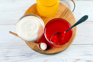 Products (collagen powder, gelatin) which contain collagen. Colored gelatin or marmalade.