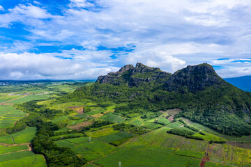 Aerial view of the Mont du Rempart mountain, corps de grande,.Mont saint Pierre region Black River, behind the places Vacoas-Phoenix and Quatre Bornes, Mauritius, Africa