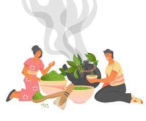 Matcha green tea brewing and drinking banner with man and woman characters treating each other to tea, flat vector illustration isolated on white. Packaging design for Matcha tea or teahouse menu.