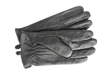 Pair of men's black leather gloves isolated on white, top view