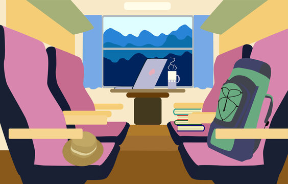 colorful background interior train with a passenger compartment and landscape scenary outside