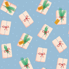 Seamless pattern with gift boxes, spruce twigs and dots. Cozy vector textured background.