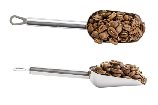 Metal scoop with roasted coffee beans side and top view, isolated on white
