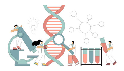 Genetic DNA research. Chemical, biological experiments. Scientists working in the laboratory. Vector illustration isolated on white background.