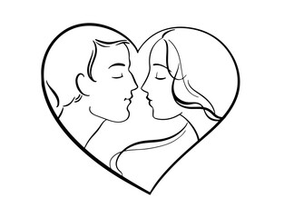 Hand-drawn logo, young couple. Two people in love. Heart-shaped frame. 