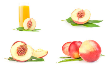 Set of fresh peaches fruits isolated on a white background cutout
