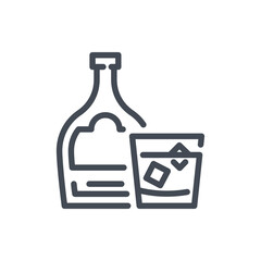 Whiskey bottle with glass line icon. Alcohol bottle vector outline sign.