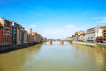 View of Arno river with St. Trinity Bridge in Florence, Italy
