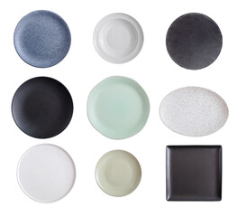 Set of various plates isolated on white, top view, top view.