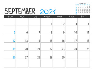 Calendar 2021 year. September 2021 planner. Desctop calendar design. Month planner. Grunge trendy background. Life or business planner. Place for notes. Printable template.