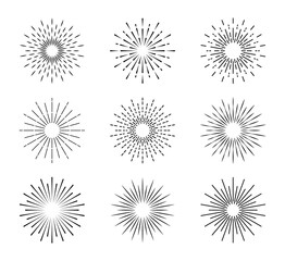 Obraz premium Set of sunburst. Vintage sunburst line icons. Explosion, firework, sparks, star light, rays sunset. Elements for logo, tag, emblem, banner. Vector illustration.