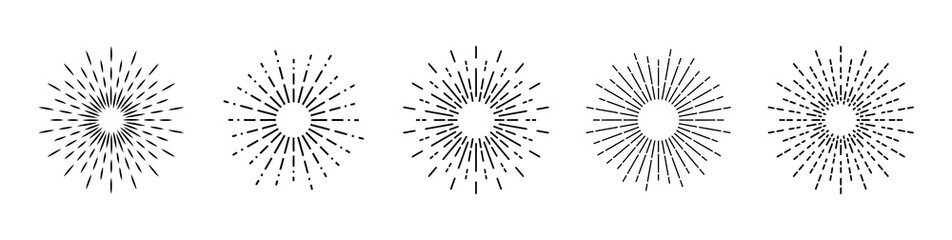 Obraz premium Set of sunburst. Vintage sunburst line icons. Explosion, firework, sparks, star light, rays sunset. Elements for logo, tag, emblem, banner. Vector illustration.