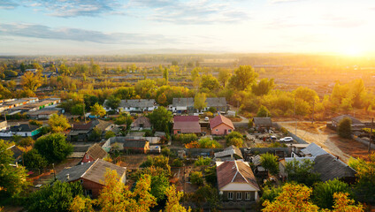 Fototapeta na wymiar Aerial view of the village at sunset