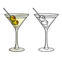 Martini with olive in glass, isolated, in color. Vector illustration. - obrazy, fototapety, plakaty