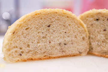 A close-up of a cross section of a Hong Kong-style pineapple bun