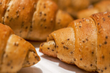 Close-up of a whole roasting pan of French croissant