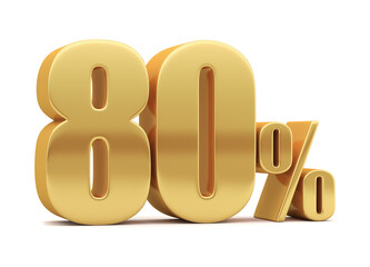 80% off on sale. Gold percent isolated on white background. 3d rendering. Illustration for advertising.