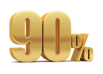 90% off on sale. Gold percent isolated on white background. 3d rendering. Illustration for advertising.
