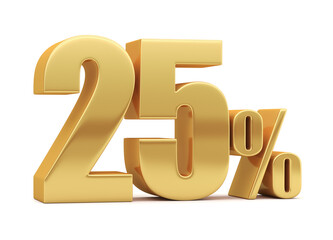 25% off on sale. Gold percent isolated on white background. 3d rendering. Illustration for advertising.