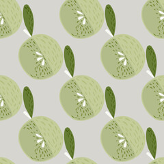 Pastel fruit seamless pattern with apple print. Doodle green soft elements on light blue background.