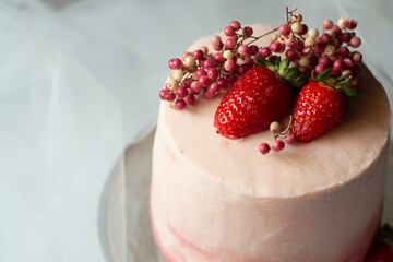 Strawberry, pink special day cake. Close-up