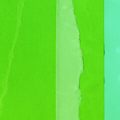 Green torn paper collage close-up. Texture made from various paper and cardboard parts. Damaged old paper background. Vintage blank wallpaper. Material design backdrop.