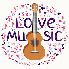 Cartoon ukulele with lettering text for summer, music poster template design.