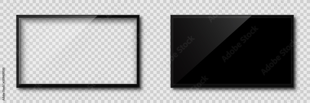 Poster two realistic tv with empty and black screens. empty tv frame with shadow isolated on transparent ba
