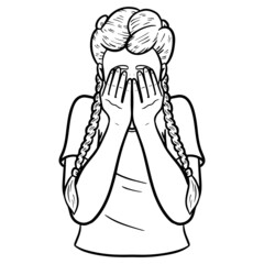 school girl is scared and hides her face behind her hands. monochrome comic outline illustration.