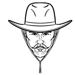 monochrome comic outline illustration of a cowboy head.