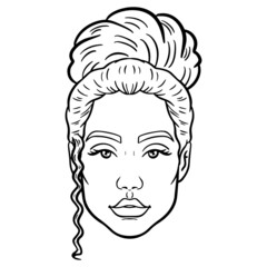 avatar women head. monochrome, comic, curls, outline.