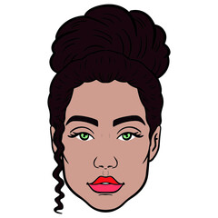 woman's head with brown hair and strand on her face. curls, avatar, comic.