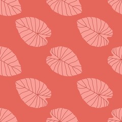 Seamless flora pattern with abstract leaf shapes silhouettes. Pink palette artwork. Simple botanic backdrop.
