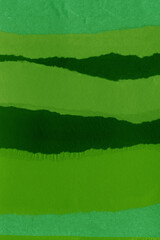 Green torn paper collage close-up. Texture made from various paper and cardboard parts. Damaged old paper background. Vintage blank wallpaper. Material design backdrop.