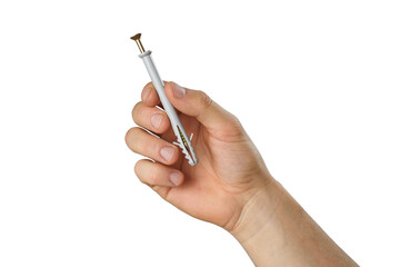 Hand holds dowel nail to repair something. Isolated object on white. Do it yourself