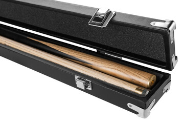open leather hard case for the cue, the cue lies inside, close-up, on a white background