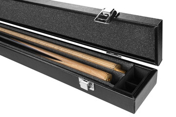 fragment of a leather case for a cue close-up, open, the cue lies inside, isolate