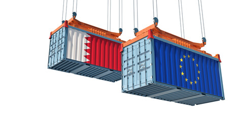 Freight containers with European Union and Bahrain flag. 3D Rendering 