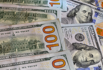 US one hundred dollar bills background. Money american hundred texture notes design. Financial...