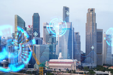 Plakat Abstract technology icons hologram over panorama city view of Singapore, Asia. The concept of people networking and connections. Double exposure.