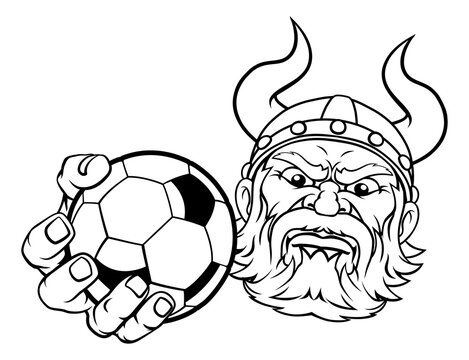 A viking soccer football sports mascot cartoon character holding a ball
