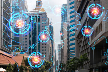 World planet Earth map hologram over panorama city view of Singapore, Asia. The concept of international connections and business. Multi Exposure.