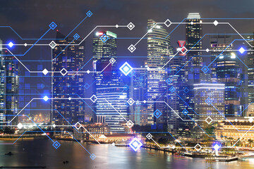 Fototapeta na wymiar Information flow hologram, night panorama city view of Singapore. The largest technological center in Asia. The concept of programming science. Double exposure.