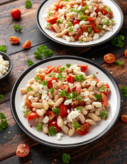 White Bean Salad with Cherry Tomatoes, Feta cheese and parsley. Healthy vegetarian, vegan food