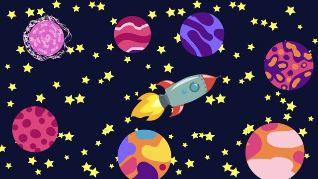 Cartoon Space. Cartoon rocket flies in outer space past the suspended planets, satellites and other objects. Flat loopback animation.