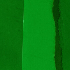 Green torn paper collage close-up. Texture made from various paper and cardboard parts. Damaged old paper background. Vintage blank wallpaper. Material design backdrop.